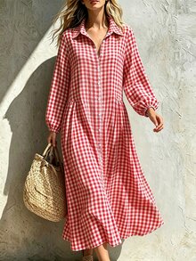 Glimmora American Vintage Red & White Plaid Shirt Dress For Women, Collared Single-Breasted Lantern Sleeve Loose Long Dress For Beach Vacation, Women's Pastoral Relaxed Style Daily Commute Casual Shirt Dress - Red - View 3