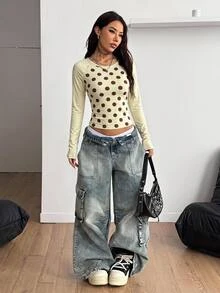 Coolane 女款圓點印花插肩袖長袖圓領T恤 - 彩色 - 查看 2