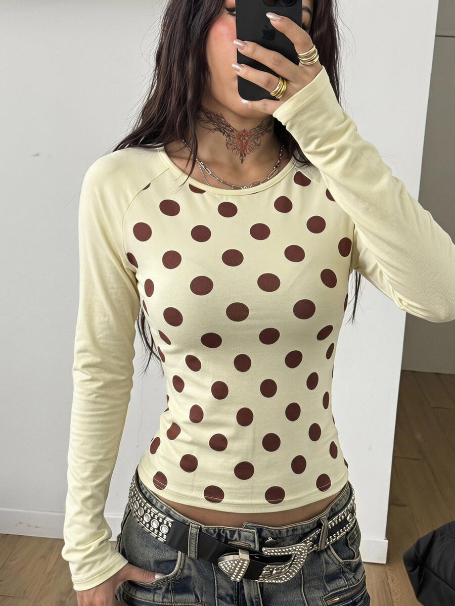 Coolane 女款圓點印花插肩袖長袖圓領T恤 - 彩色 - 查看 1