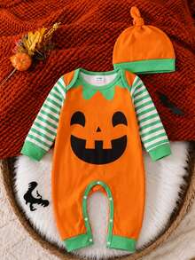 SHEIN 2pcs Baby Boy Romper Jumpsuit Cute Green Polka Dot Pumpkin Print Long Sleeve Round Neck Regular Halloween Party 2nd Birthday Family Photoshoot Autumn - Multicolor - View 5
