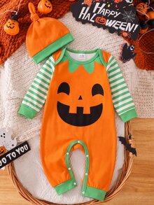 SHEIN 2pcs Baby Boy Romper Jumpsuit Cute Green Polka Dot Pumpkin Print Long Sleeve Round Neck Regular Halloween Party 2nd Birthday Family Photoshoot Autumn - Multicolor - View 4