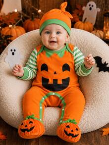 SHEIN 2pcs Baby Boy Romper Jumpsuit Cute Green Polka Dot Pumpkin Print Long Sleeve Round Neck Regular Halloween Party 2nd Birthday Family Photoshoot Autumn - Multicolor - View 2