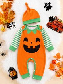 SHEIN 2pcs Baby Boy Romper Jumpsuit Cute Green Polka Dot Pumpkin Print Long Sleeve Round Neck Regular Halloween Party 2nd Birthday Family Photoshoot Autumn - Multicolor - View 8