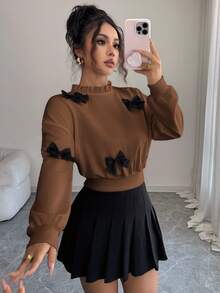 Elenzga 女款新款秋季時尚簡約蝴蝶結裝飾短版運動衫 - 棕色 - 查看 4