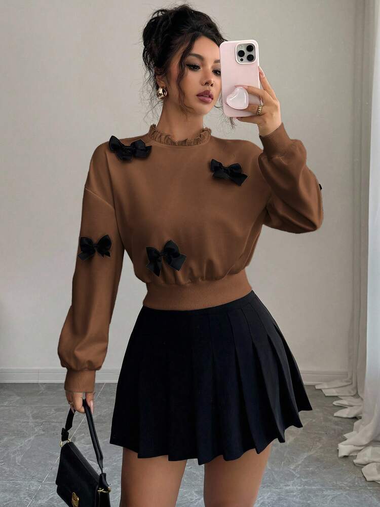 Elenzga Women's New Autumn Fashion Minimalist Bow Decor Short Sweatshirt - Brown - View 3