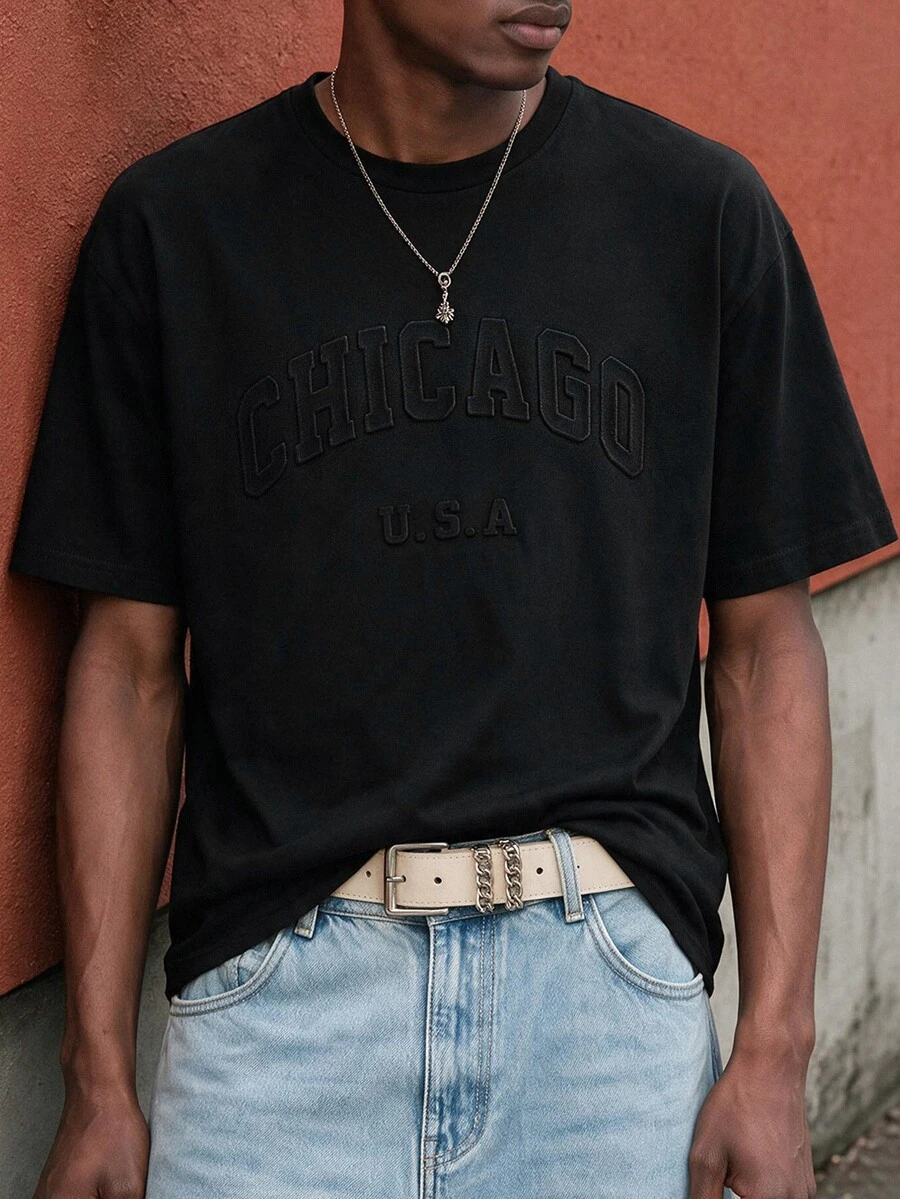 Lonveris Black 100% Cotton Fitted T-Shirt, 3D Chicago Graphic Design - Black - View 1