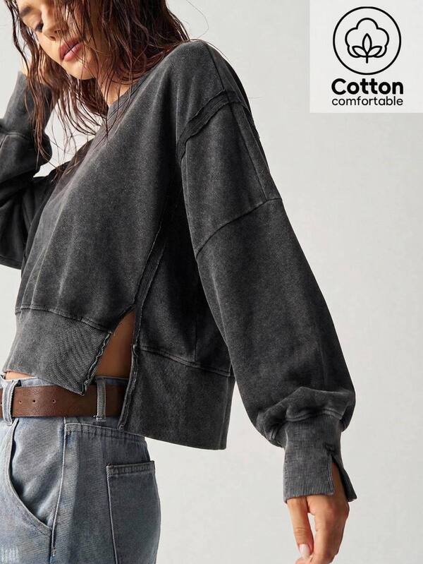 Bohemela Casual Streetwear Solid Color Knit Loose Women's Sweatshirt Travel Charcoal Gray Autumn