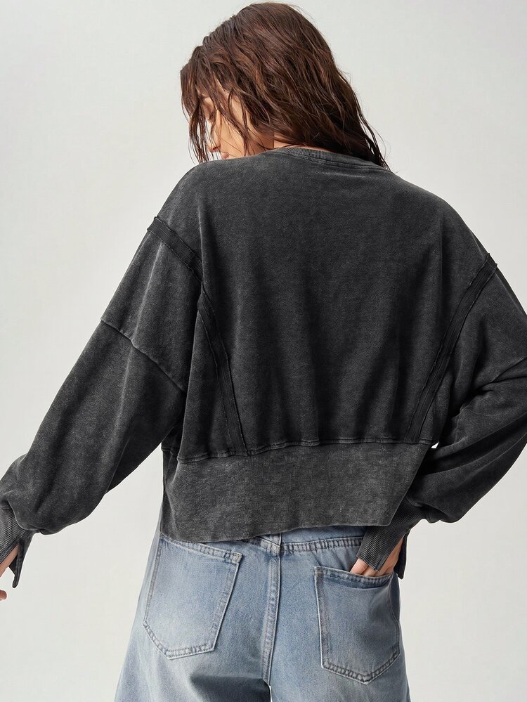 Bohemela Casual Streetwear Solid Color Knit Loose Women's Sweatshirt Travel Charcoal Gray Autumn - Black - View 2