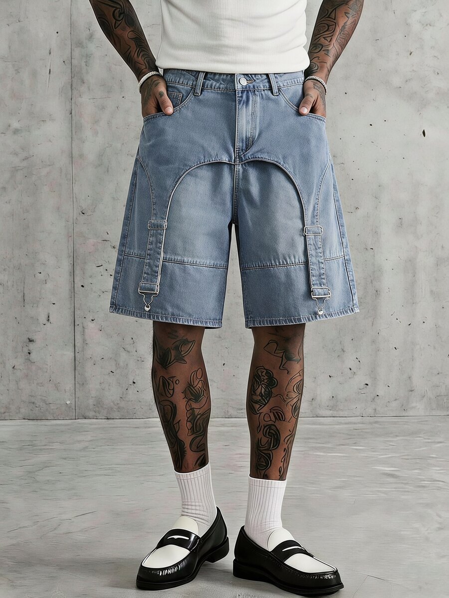 AXEPEAK Men's Washed Blue Brand Gourd Button Decor Shorts - Blue - View 1