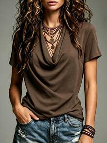 Glimmora Brown Cowl Neck Ruched Short Sleeve T-Shirt Women's American Vintage Drape Pleated Loose Fit Flattering Solid Color Basic Inner Layer Top - Brown - View 4