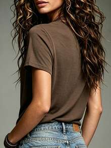 Glimmora Brown Cowl Neck Ruched Short Sleeve T-Shirt Women's American Vintage Drape Pleated Loose Fit Flattering Solid Color Basic Inner Layer Top - Brown - View 2