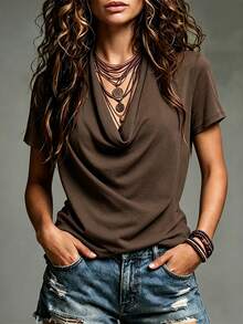 Glimmora Brown Cowl Neck Ruched Short Sleeve T-Shirt Women's American Vintage Drape Pleated Loose Fit Flattering Solid Color Basic Inner Layer Top - Brown - View 1