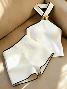 SHEIN Franclia 2026 New Spring Summer Halter Two Pieces Set For Women, Black White Color Block Halter Top And High Waist Shorts Set,Summer Vacation - Black and White - View 5