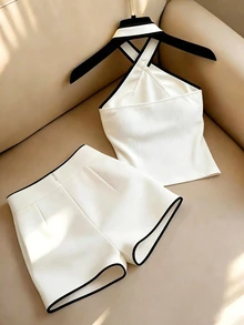 SHEIN Franclia 2026 New Spring Summer Halter Two Pieces Set For Women, Black White Color Block Halter Top And High Waist Shorts Set,Summer Vacation - Black and White - View 2
