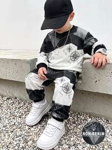 Young Boys Sweatshirt Set, Denim Effect Print Style, Letter Pattern Crew Neck Long Sleeve Sweatshirt And Matching Pants 2 Pieces Outfit, Suitable For Indoor And Outdoor Wear In Autumn/Winter - Multicolor - View 1