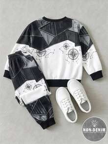Young Boys Sweatshirt Set, Denim Effect Print Style, Letter Pattern Crew Neck Long Sleeve Sweatshirt And Matching Pants 2 Pieces Outfit, Suitable For Indoor And Outdoor Wear In Autumn/Winter - Multicolor - View 3