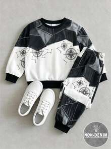 Young Boys Sweatshirt Set, Denim Effect Print Style, Letter Pattern Crew Neck Long Sleeve Sweatshirt And Matching Pants 2 Pieces Outfit, Suitable For Indoor And Outdoor Wear In Autumn/Winter - Multicolor - View 2