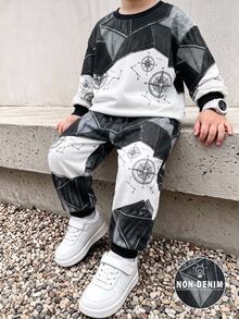 Young Boys Sweatshirt Set, Denim Effect Print Style, Letter Pattern Crew Neck Long Sleeve Sweatshirt And Matching Pants 2 Pieces Outfit, Suitable For Indoor And Outdoor Wear In Autumn/Winter - Multicolor - View 6