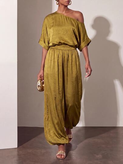 Zivah New Summer/Autumn Casual Commute Vacation Loose Mustard Yellow Satin One-Shoulder Mid-Sleeve Top + Lantern Long Pants Women's 2 Pieces Set, Daily Outings, Wedding Guest, Ball, Birthday, Outings, Vacation, Beach, Party, Holiday, Airport Outfit, Brunch Outfit, Bohemian, Shopping, Workplace, Graduation, Country Music Concert, Back To School