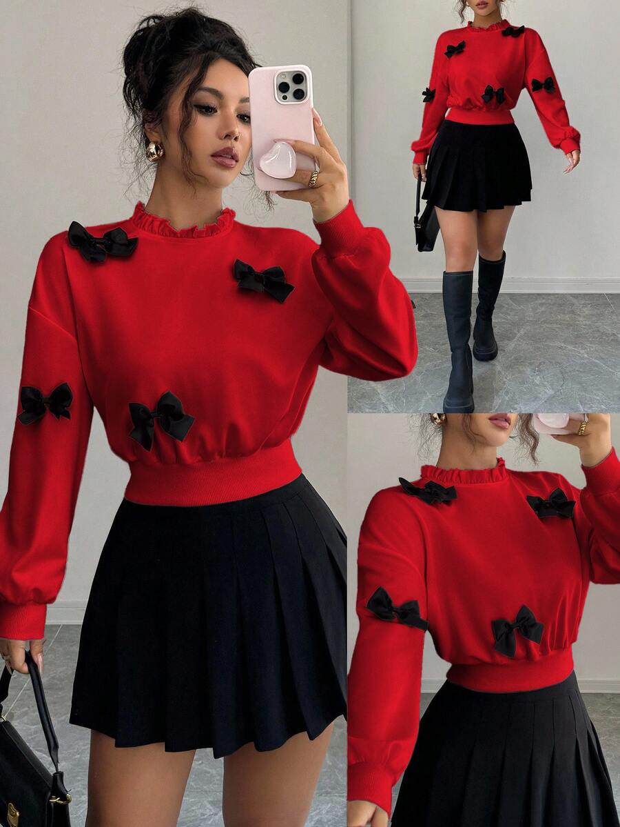 Elenzga Sweatshirt Pendek Wanita Model Terbaru Musim Gugur dengan Dekorasi Pita Minimalis - Merah - View 1