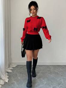 Elenzga Sweatshirt Pendek Wanita Model Terbaru Musim Gugur dengan Dekorasi Pita Minimalis - Merah - View 5