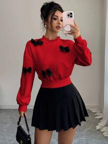 Elenzga Sweatshirt Pendek Wanita Model Terbaru Musim Gugur dengan Dekorasi Pita Minimalis - Merah - View 3