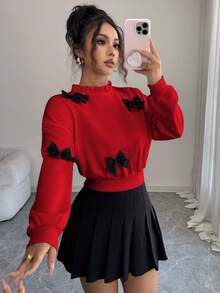 Elenzga Sweatshirt Pendek Wanita Model Terbaru Musim Gugur dengan Dekorasi Pita Minimalis - Merah - View 7