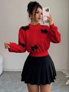 Elenzga Sweatshirt Pendek Wanita Model Terbaru Musim Gugur dengan Dekorasi Pita Minimalis - Merah - View 4