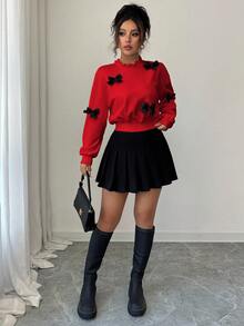 Elenzga Sweatshirt Pendek Wanita Model Terbaru Musim Gugur dengan Dekorasi Pita Minimalis - Merah - View 6