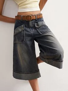 Bohemela Flap Pocket Wide Leg Capri Pants - Dark Green - View 3