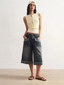 Bohemela Flap Pocket Wide Leg Capri Pants - Dark Green - View 6