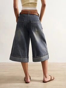 Bohemela Flap Pocket Wide Leg Capri Pants - Dark Green - View 8