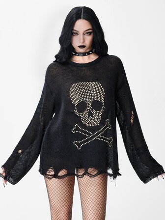 Goth Maglione pullover ampio trasparente con collo rotondo, design gotico punk scuro con teschio, rivetti in metallo e effetto consumato