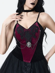 ROMWE Royal Gothic Velvet Fabric Lace & Beaded Chain Decor Sexy Camisole Tank Top For Women - Black - View 1