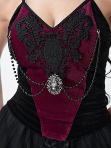 ROMWE Royal Gothic Velvet Fabric Lace & Beaded Chain Decor Sexy Camisole Tank Top For Women - Black - View 6