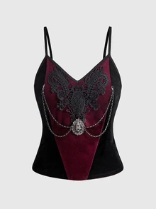 ROMWE Royal Gothic Velvet Fabric Lace & Beaded Chain Decor Sexy Camisole Tank Top For Women - Black - View 2