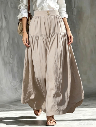 SHEIN Falda midi elegante de mujer color caqui con cintura alta, capas, botones de madera, fruncida y fluida, falda larga