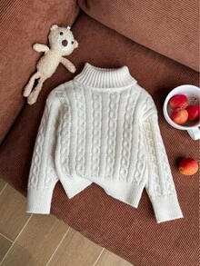 SHEIN 女嬰女童秋冬針織套頭毛衣 新款高領設計 展現獨特時尚品味 純色凸顯自然清新 可搭配多款衣著 舒適針織面料選擇 適合日常生活 親子時光 派對 戶外活動 節日聚會 - 米色 - 查看 2