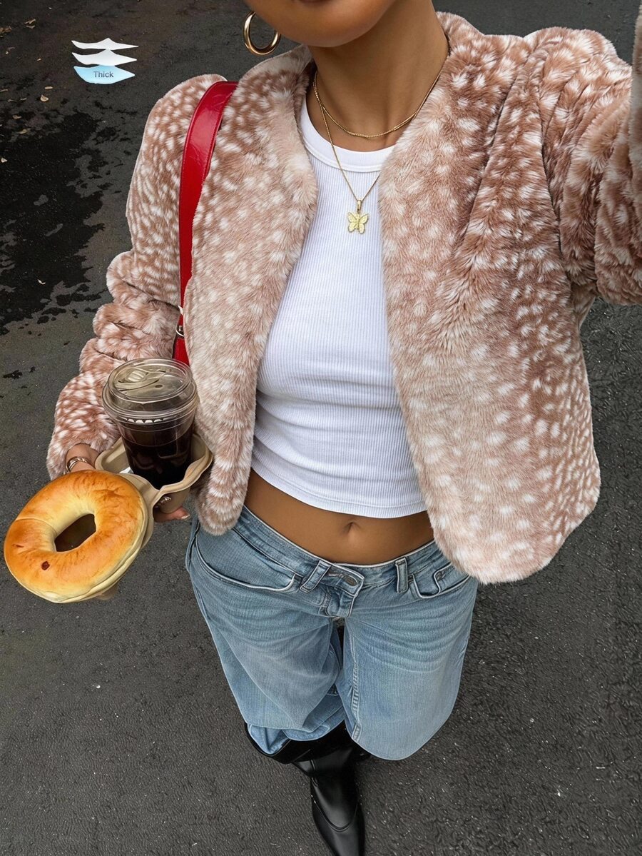 SHEIN EZwear Leopard Print Faux Fur Coat For Women