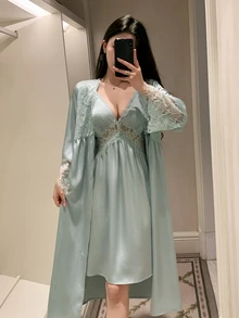 DAZY Women's Lace Patchwork Cami Dress & Robe Sexy Loungewear Sleepwear Set - Green - View 3