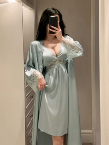 DAZY Women's Lace Patchwork Cami Dress & Robe Sexy Loungewear Sleepwear Set - Green - View 5