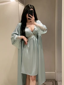 DAZY Women's Lace Patchwork Cami Dress & Robe Sexy Loungewear Sleepwear Set - Green - View 4