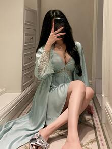 DAZY Women's Lace Patchwork Cami Dress & Robe Sexy Loungewear Sleepwear Set - Green - View 1