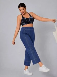 Flexra Summer Casual Sports Wide Leg High Waist Tummy Control Blue Gym Stretchy Denim Flattering Going Out Plus Size Jeans For Women - Medium Wash - View 4
