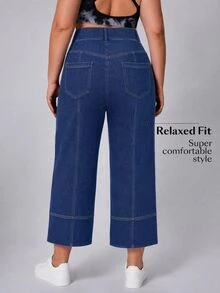 Flexra Summer Casual Sports Wide Leg High Waist Tummy Control Blue Gym Stretchy Denim Flattering Going Out Plus Size Jeans For Women - Medium Wash - View 2