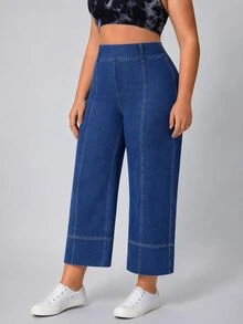 Flexra Summer Casual Sports Wide Leg High Waist Tummy Control Blue Gym Stretchy Denim Flattering Going Out Plus Size Jeans For Women - Medium Wash - View 5
