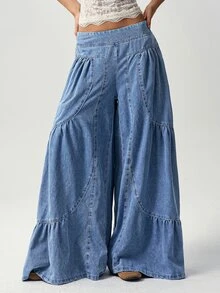 Bohemela High Waist Ruffle Hem Wide Leg Pants Beach Denim Blue Autumn Casual Boho - Blue - View 8