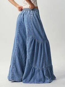 Bohemela High Waist Ruffle Hem Wide Leg Pants Beach Denim Blue Autumn Casual Boho - Blue - View 5