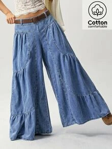 Bohemela High Waist Ruffle Hem Wide Leg Pants Beach Denim Blue Autumn Casual Boho - Blue - View 2