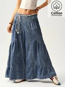 Bohemela High Waist Ruffle Hem Wide Leg Pants Beach Denim Blue Autumn Casual Boho - Blue - View 1